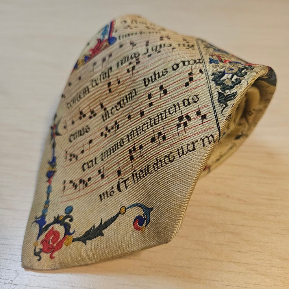 Alynn Illuminated Music Score Beige Silk Tie Vintage Medieval Gregorian Chant